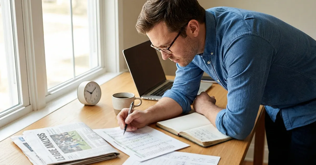 Homme etudiant des documents et analyses de paris sportifs a son bureau